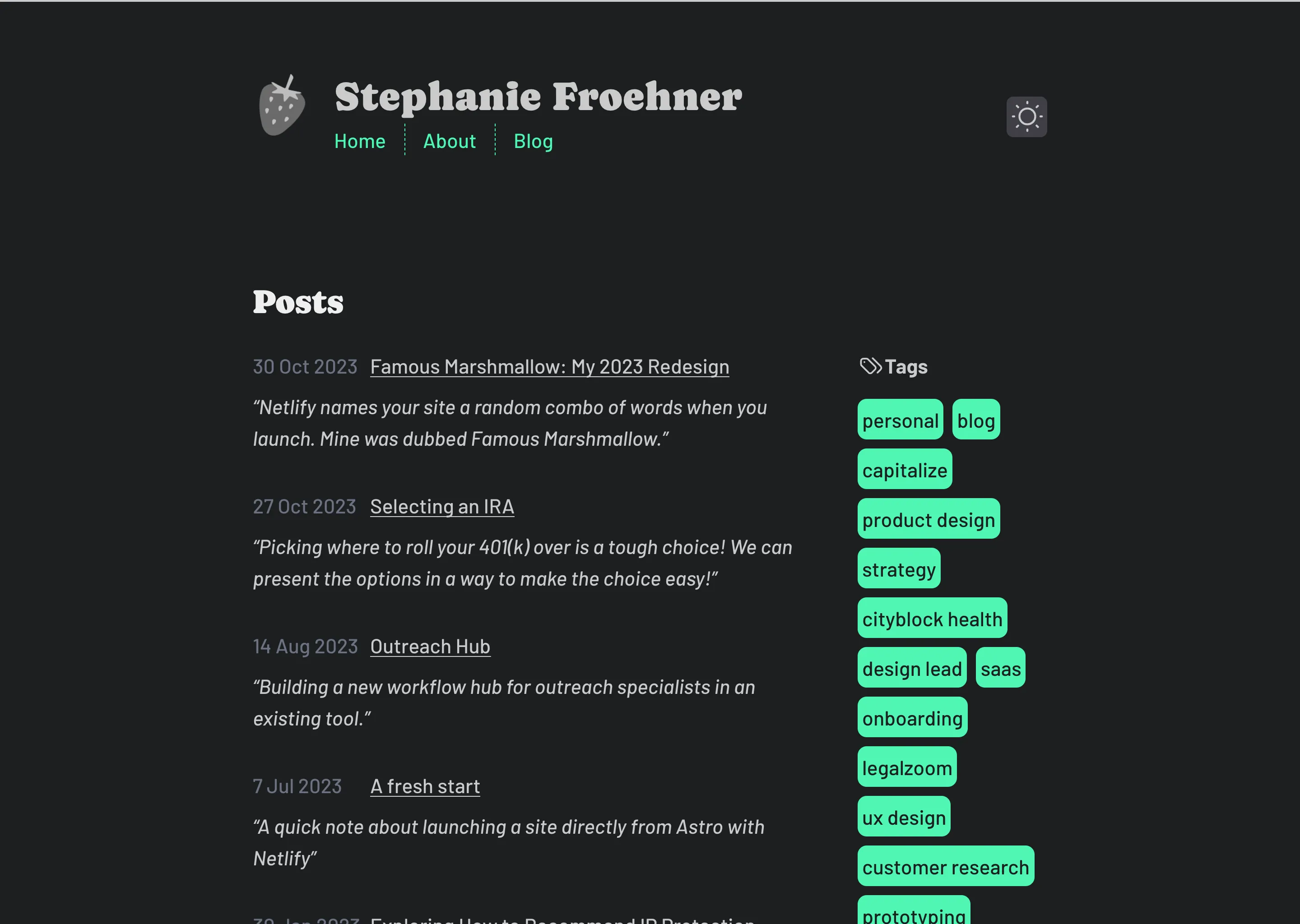 Screenshot of the blog in dark mode