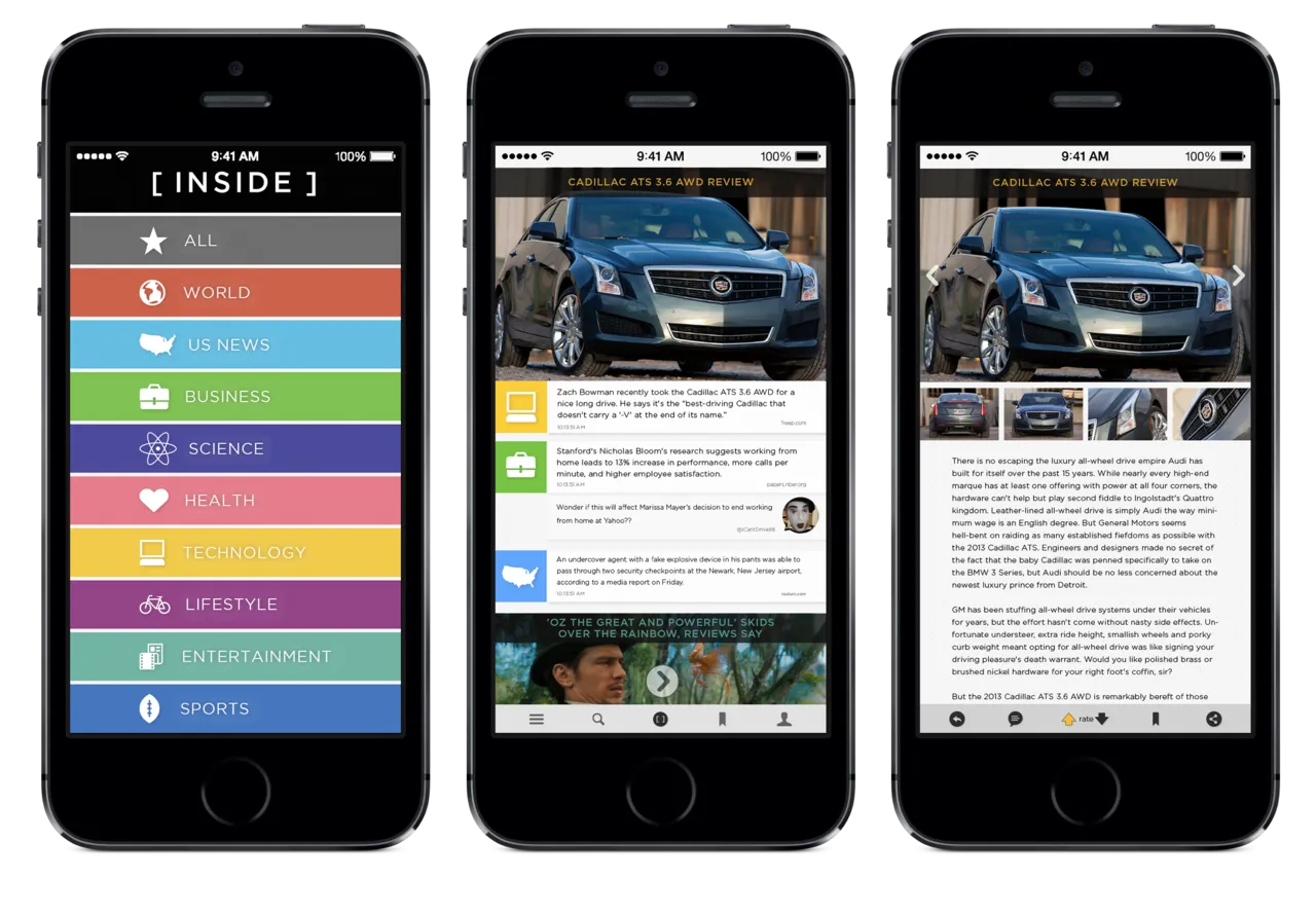 Three mobile devices, showing the article drilldown